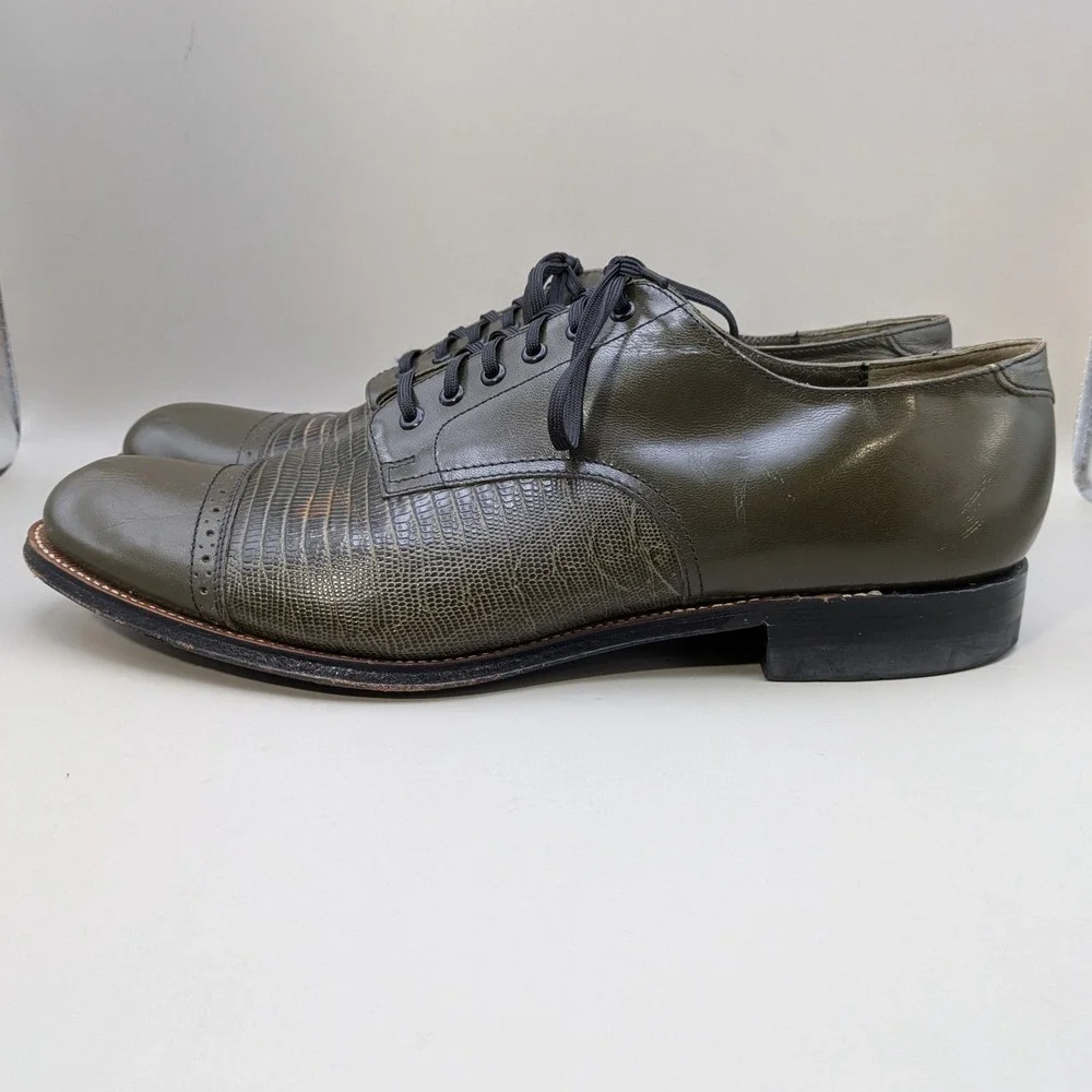 VTG Stacy Adams Madison Olive Green Leather Oxfords Faux Lizard Mens 9.5 D